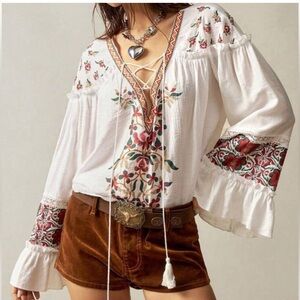 White long Sleeve Embroidered Blouse with Tie Front